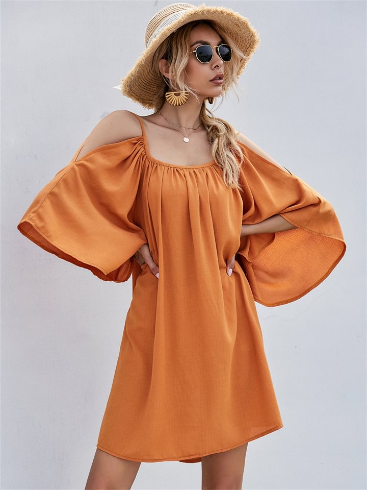 European and American Women's Casual Sexy Dress with Flared Sleeves and Shoulder Leakage