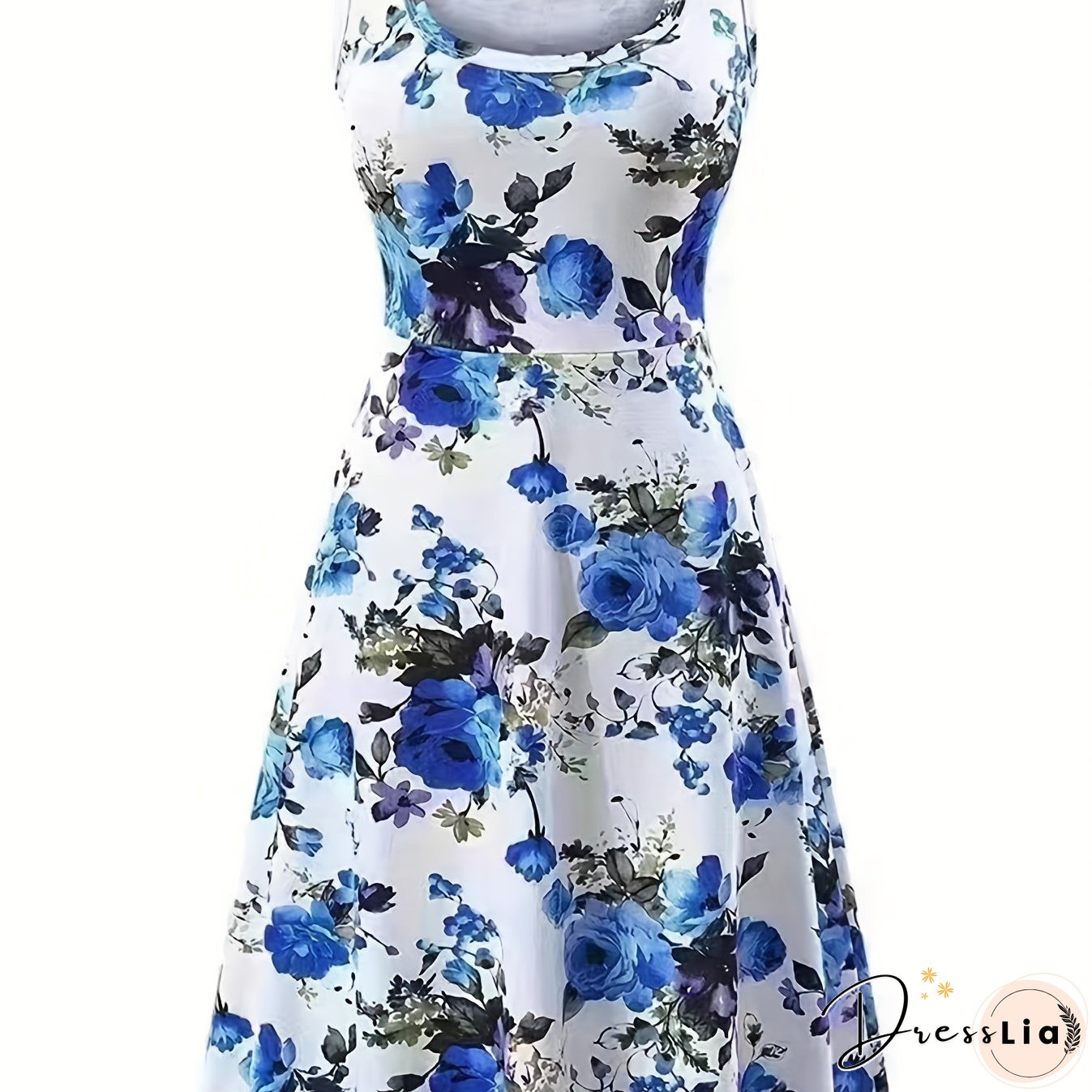 Plus Size Elegant Dress, Women's Plus Floral Print Round Neck Medium Stretch Tank Dress