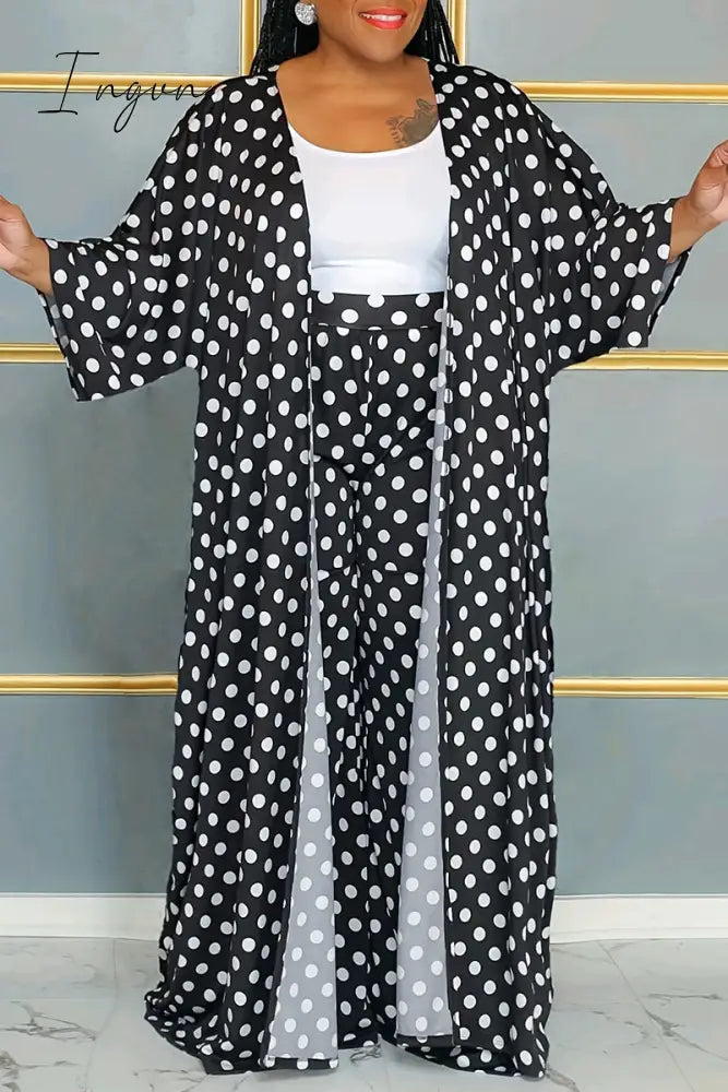 Ingvn - Black Elegant Dot Patchwork Plus Size Two Pieces / Xl Plus Size