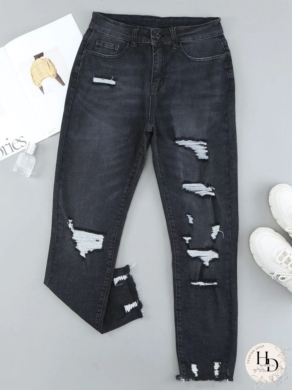 Retro Distressed Straight Leg Black Denim Jeans