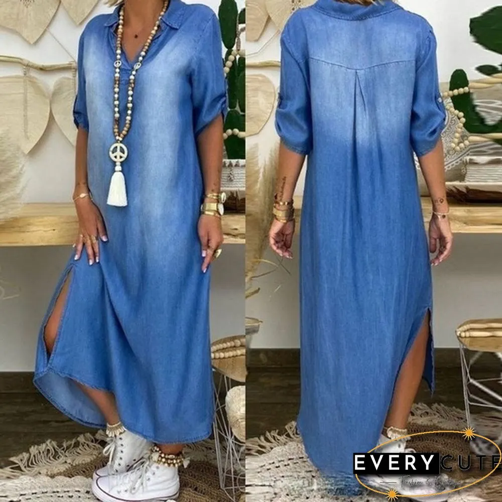 Plus Size Womens Casual Denim Long Maxi Dress Ladies Summer Loose Jeans Sundress