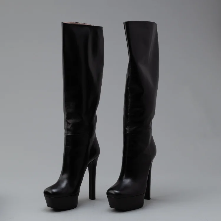 Custom Made Black Knee High Platform Boots Stiletto Heel Shoes |FSJ Shoes