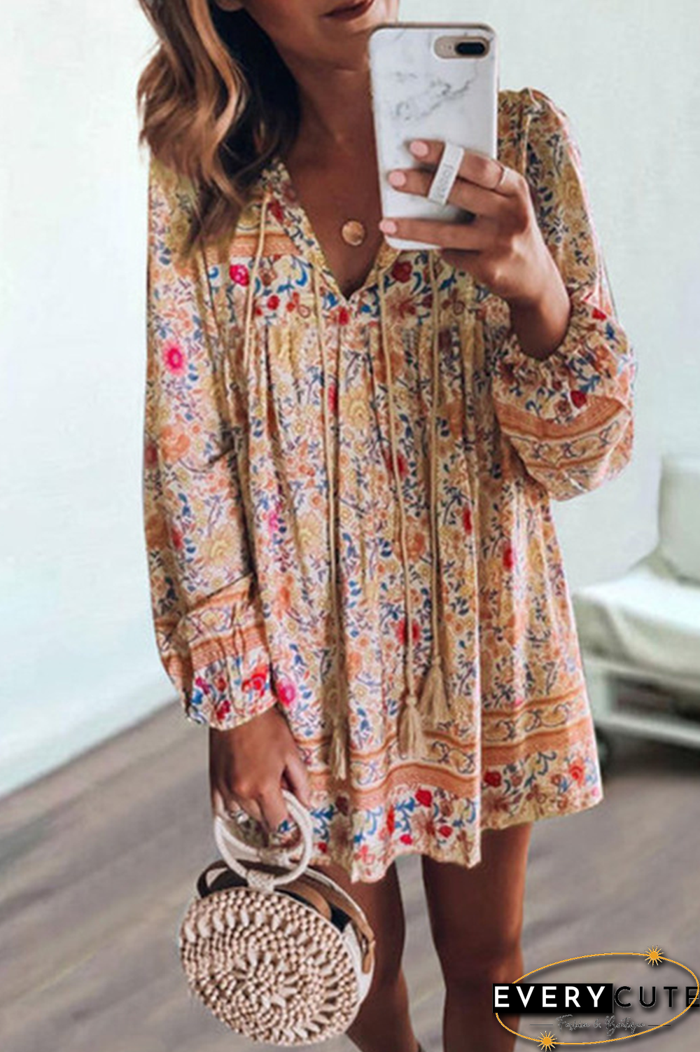 Casual Print Split Joint V Neck Cake Skirt Dresses(4 Colors)