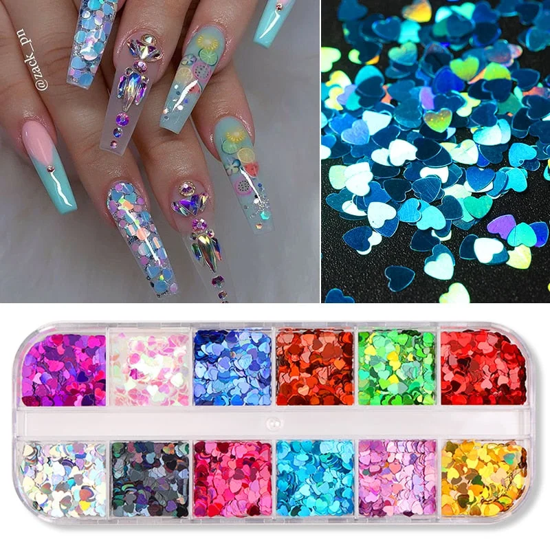 12 Grids Spangles Nail Sequins Aurora AB Nail Flakes Stunning Pailliette Heart Butterfly Spring Sticker Nart Tips Decoration-Nail Inspo