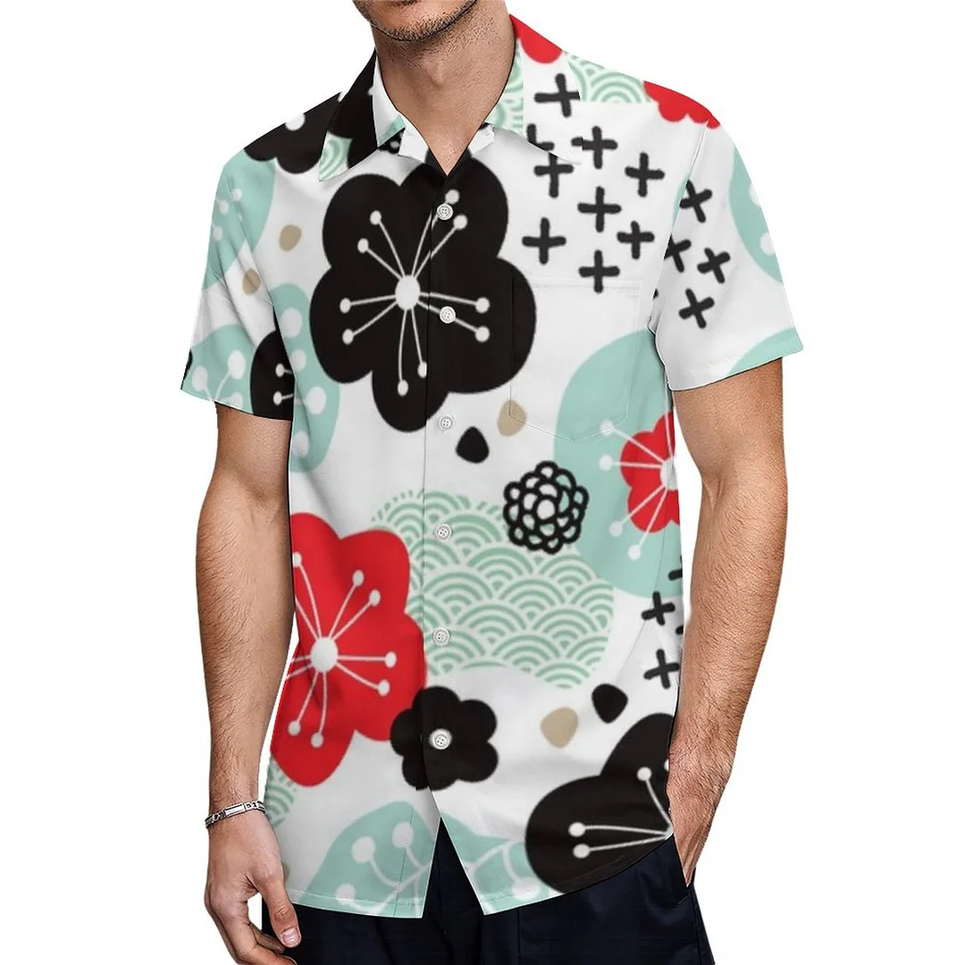 Short Sleeve Japanese Sakura Sea Wave Hawaiian Shirt Mens Button Down Plus Size Tropical Hawaii Beach Shirts