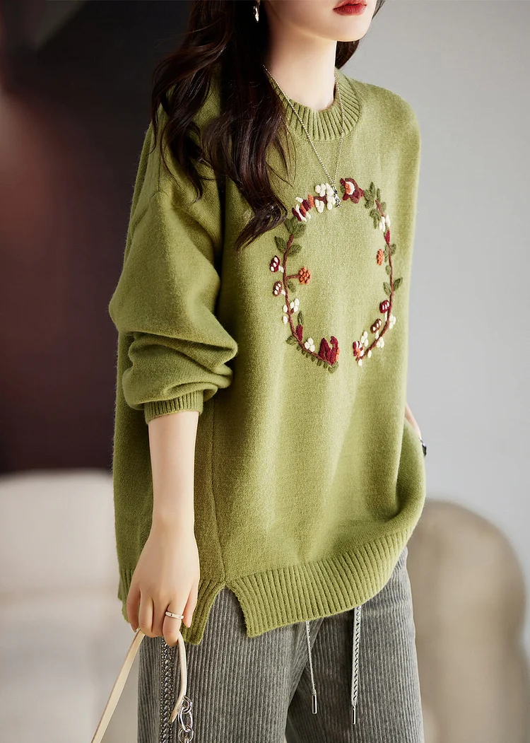 Art Grass Green Embroideried Thick Knit Sweater Tops Winter