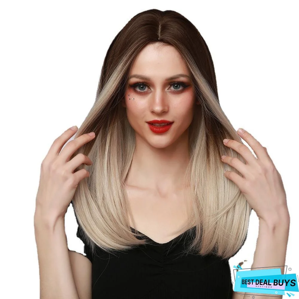 Foreign Trade Wig Women's Middle Split Brown Gradient Gold Medium Long Straight Hair