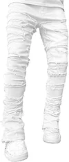 Conshvi Men's Slim Fit Stretch Jeans Distressed Patchwork Stacked Frayed Straight Leg Skinny Denim Pants