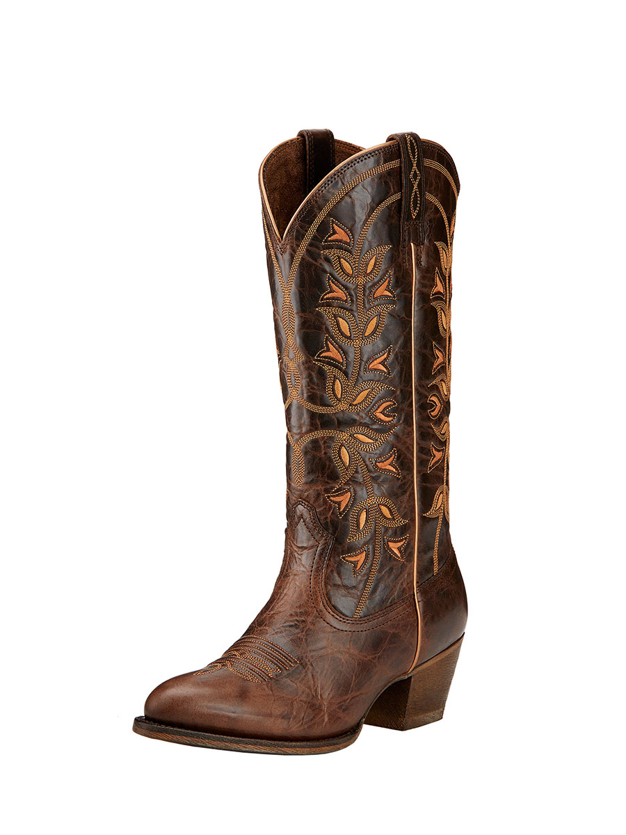 Brown Distressed Snip Toe Floral Embroidered Mid Calf Cowgirl Boots 