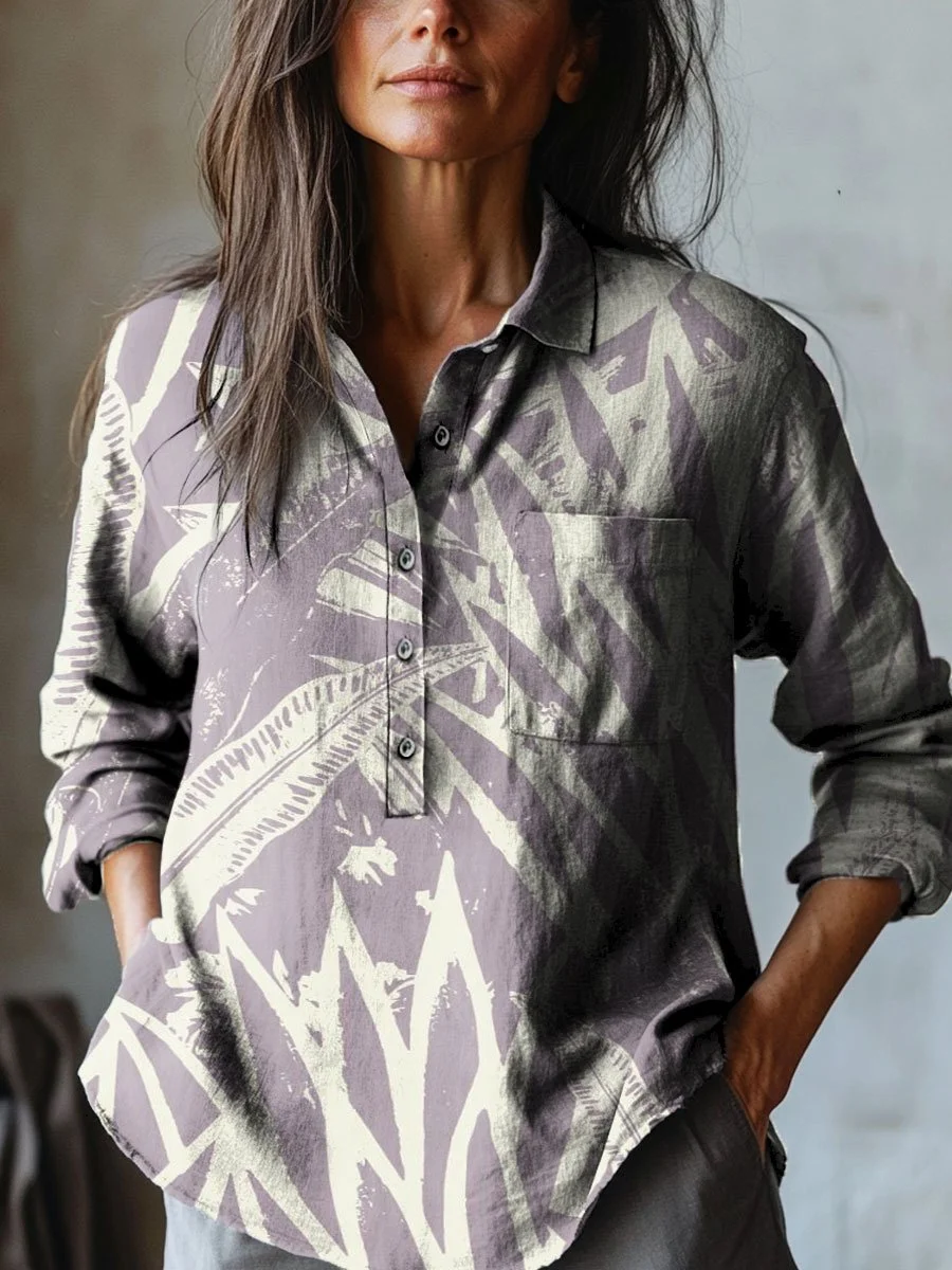 Women's Vintage Flower Art Print Casual Cotton And Linen Shirt