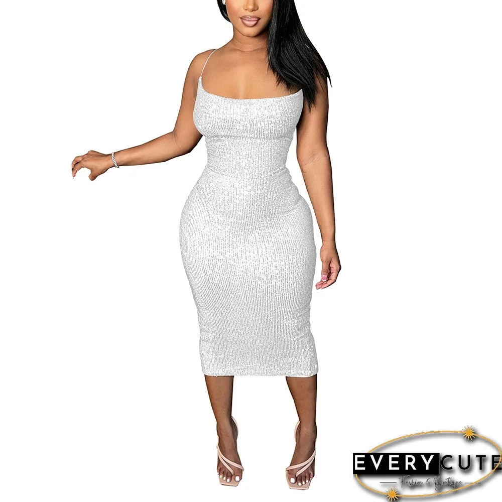 White Lace-up Back Clubwear Sexy Sequin Dress