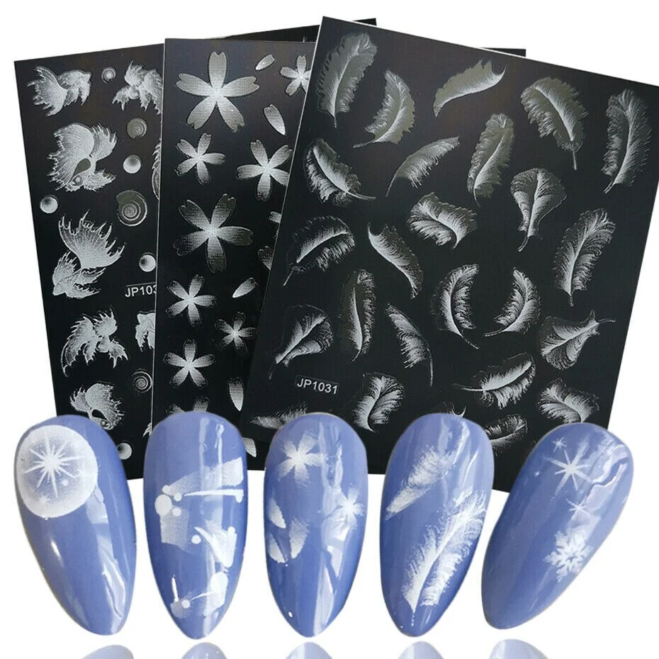 5D White Nail Sticker Rose Flower Engraved Embosse Design Transfer Decals Slider Wraps DIY Nail Art Decoration Accessories