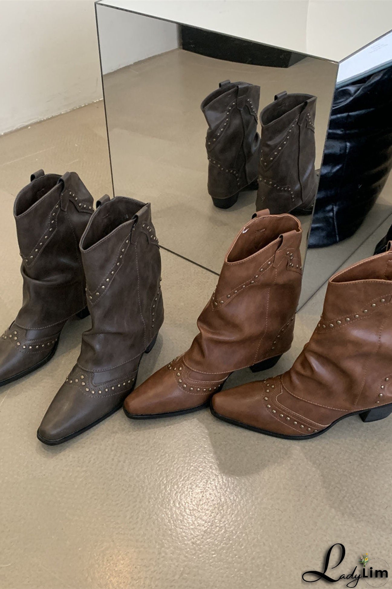 Vintage Pointed Toe Rivet Mid-Calf Boots