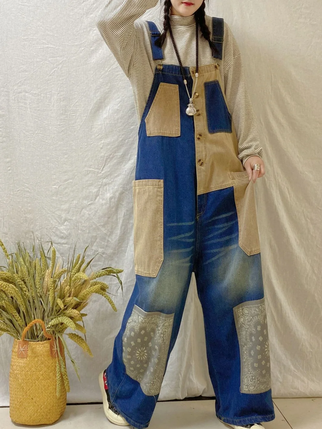 Women's Retro Washed Distressed Loose Colorblock Jumpsuit