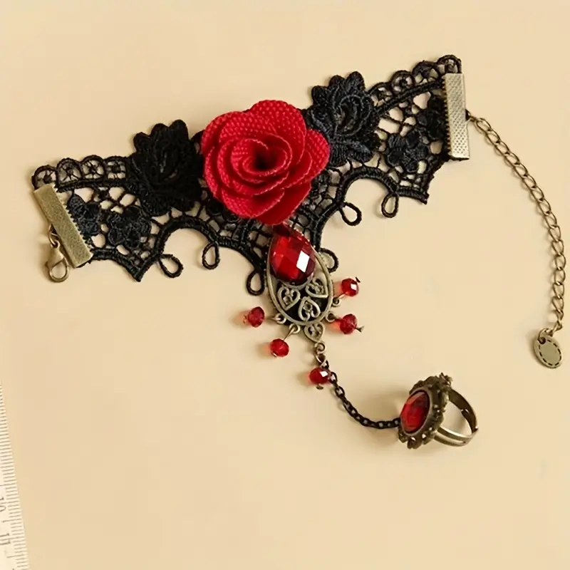 vintage halloween red rose design bracelet ring integrated mitten bracelet party decoration accessories details 2