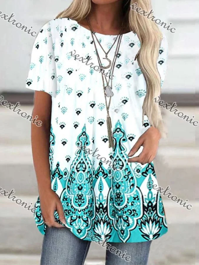 Women Casual Short Sleeve Scoop Neck Floral Printed Top