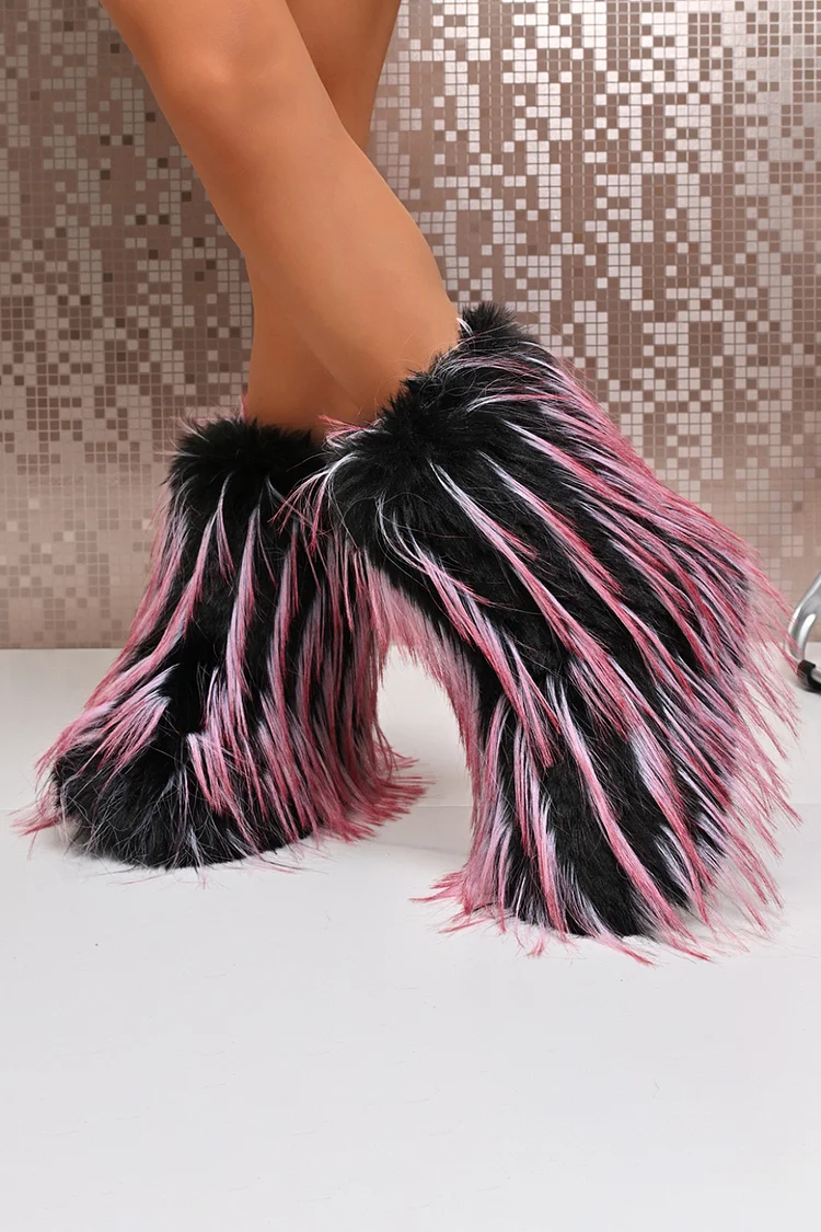 Festival Pink Ombre Furry Faux Fur Platform Round Toe Mid Calf Boots