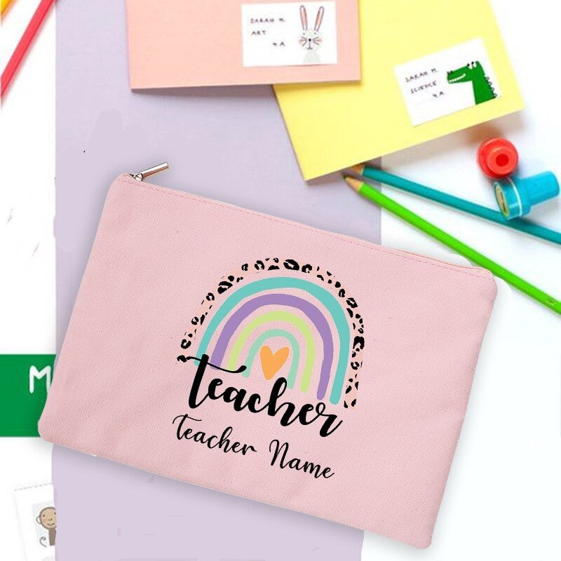 Rainbow Teacher Print Pencil Case Personalized  Custom Name Stationery Supplies Storage Bags Travel Wash Pouch Makeup Bag Gifts