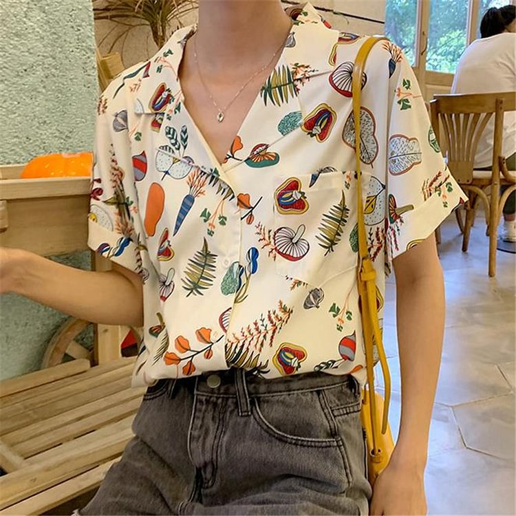 Picnic Lunch Print Lapel Half Sleeve Retro Blouse For Women P1824325