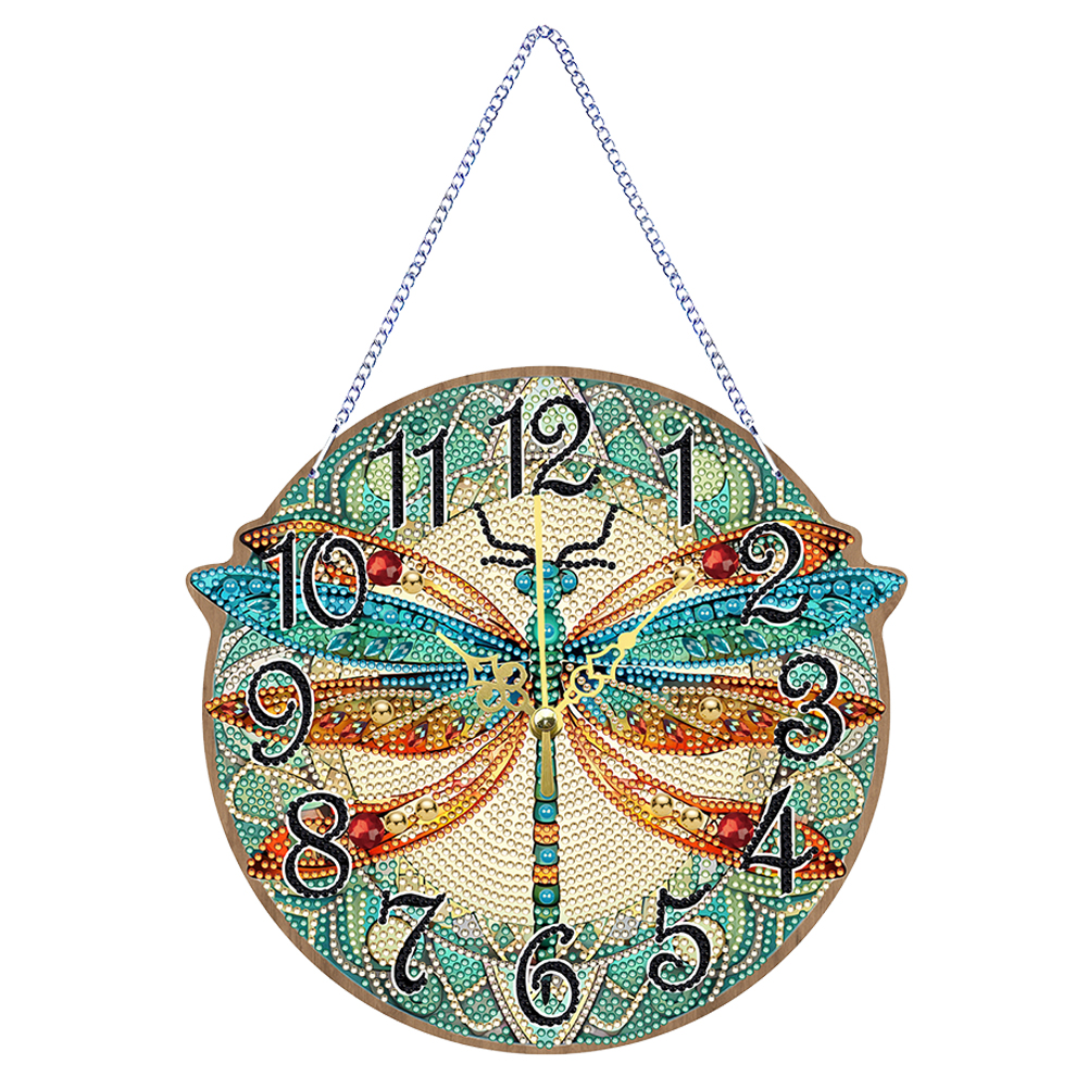 Wooden Special Shaped DIY Diamond Painting Clock Kit Hanging Sign (Dragonfly)