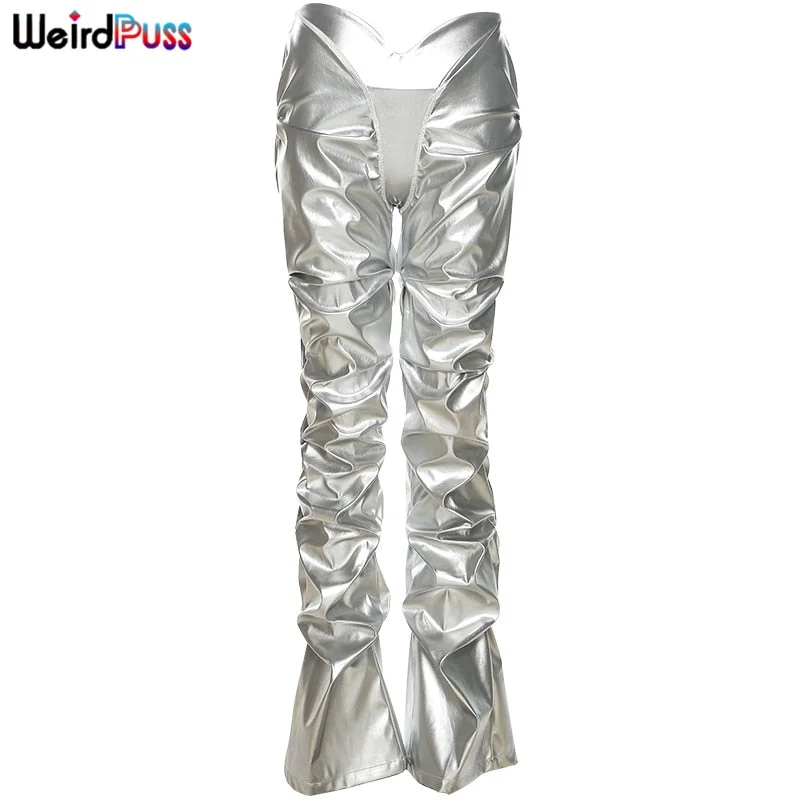 Weird Puss V-Shaped Low Waist Y2K Pants Women 2021 Fashion Stacked Faux Leather Trousers Casual Wild Hot Street Skinny Bottoms
