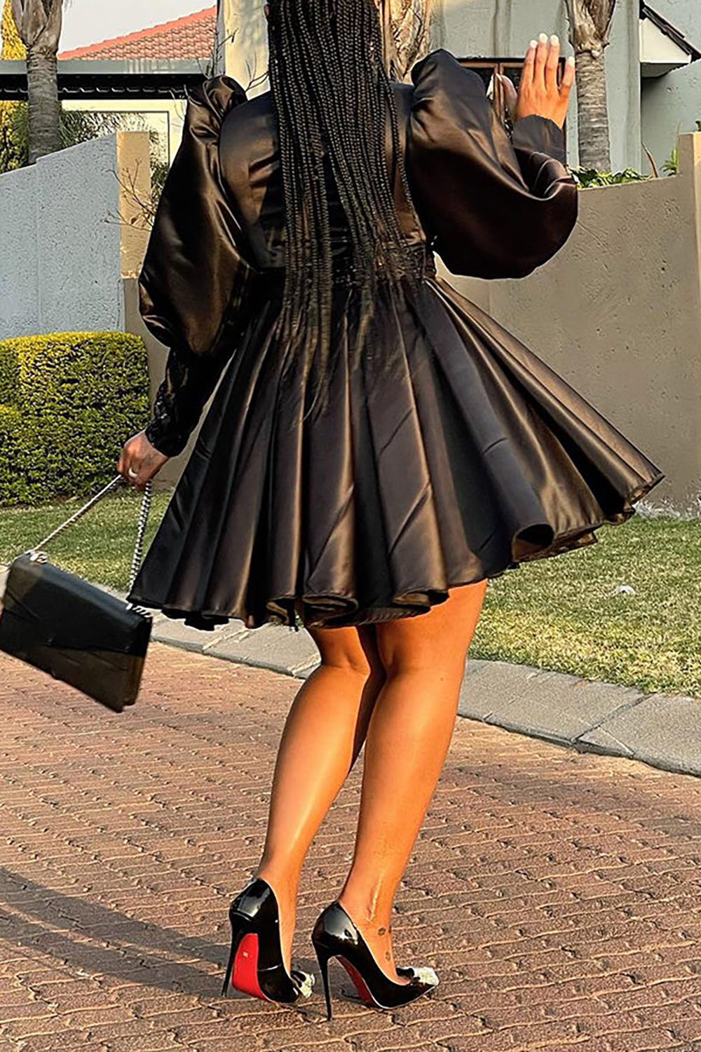 Plus Size Party Dress Black Solid A Line Puff Sleeve Mini Dress
