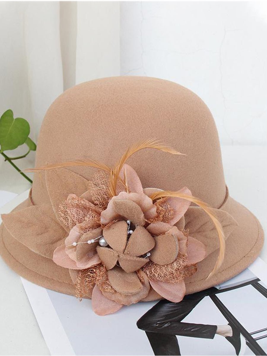 Top Hat Vintage Flower Feather Decoration Wool Elegant Bucket Hats