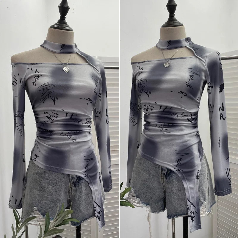 Churchf Long-Sleeved Irregular Design Small T-Shirt Women's Autumn Dress Print Hollow Tight Hottie Top 1108