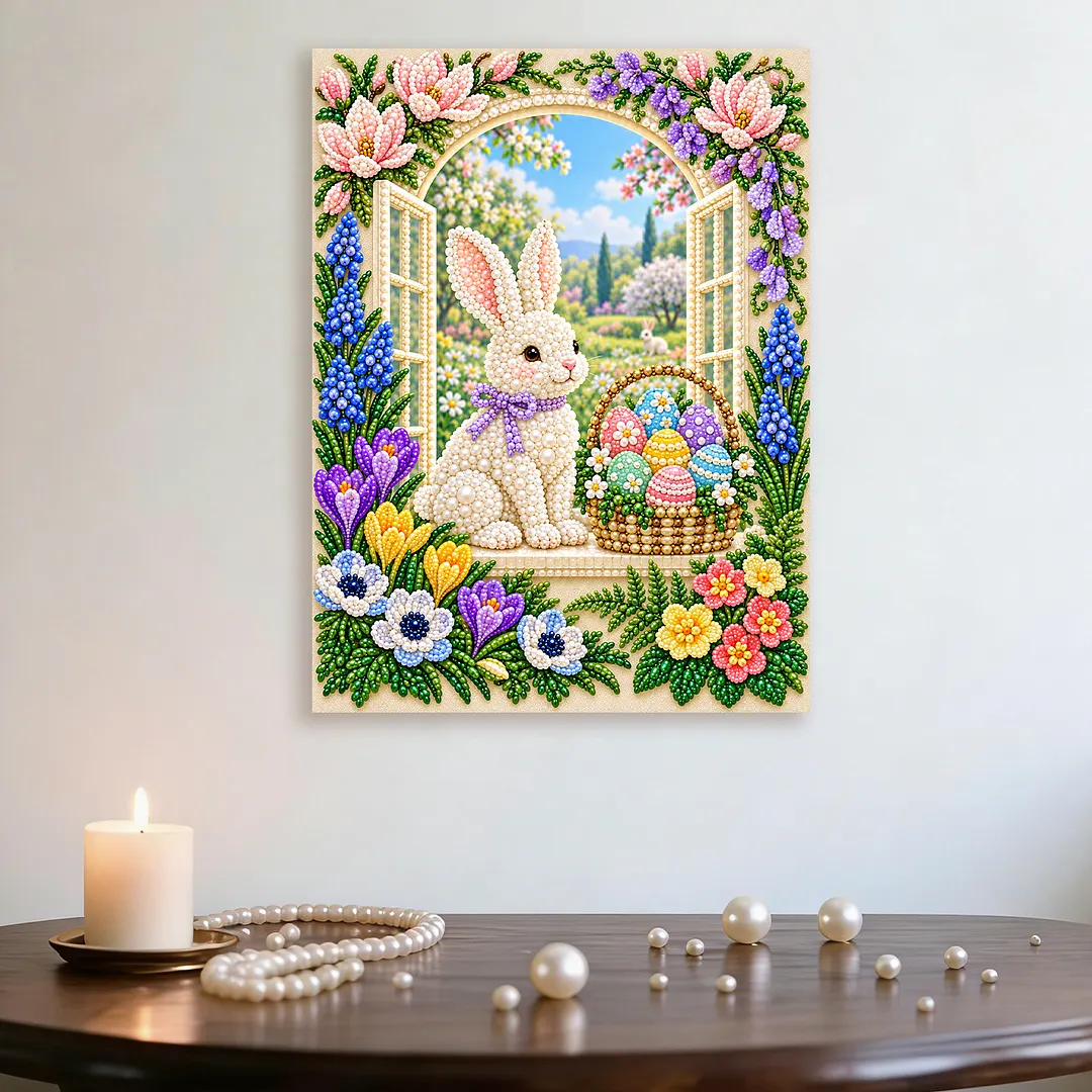 Pearl Painting Kit for Adults Easter Bunny Home Decor Framed 11.81x15.75in