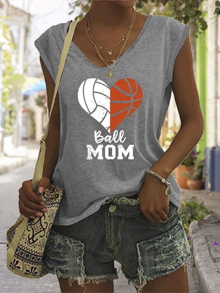 Ball Mom Heart Volleyball Basketball Mom V Neck T-shirt Tees-Annaletters