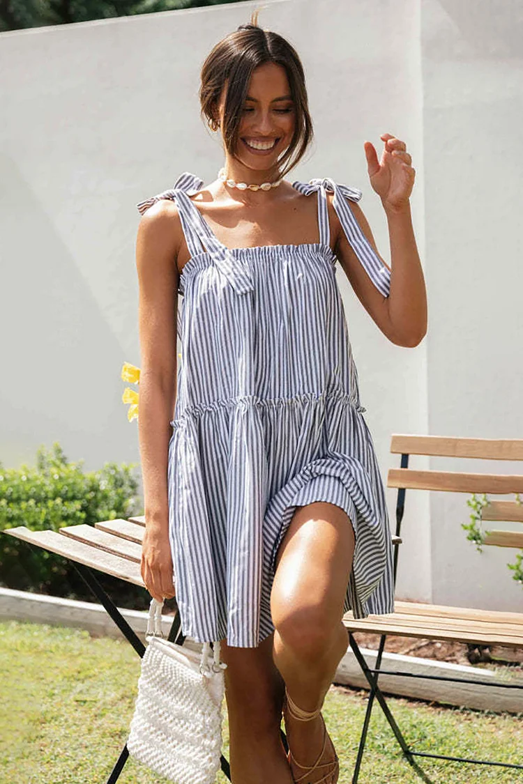 Boat Neck Tied Up Striped Pleated Vacation Swing Mini Dress