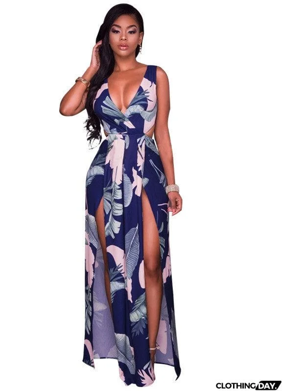 Deep V Plunge Leaves Print Maxi Dress