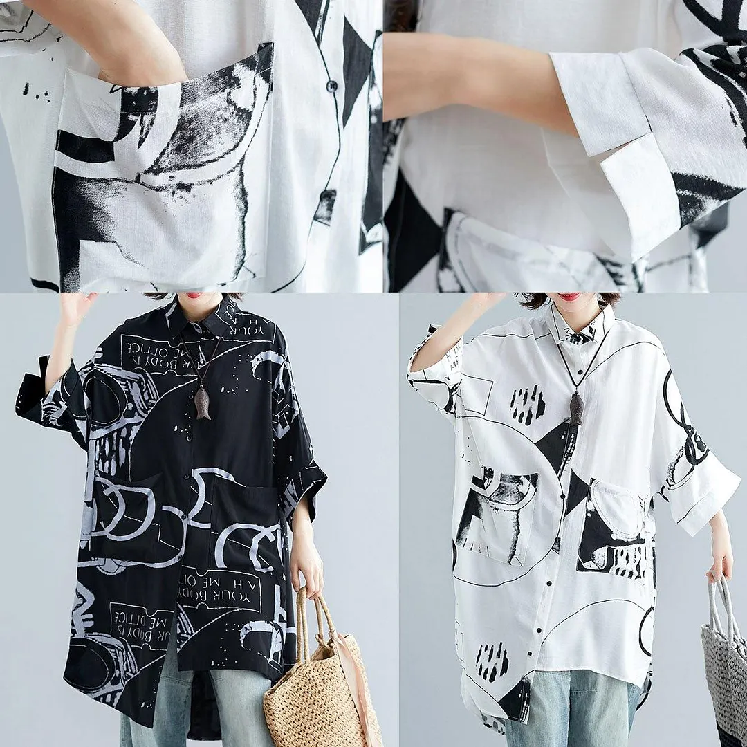 Italian asymmetric hem cotton linen tops women blouses Neckline white prints shirt summer