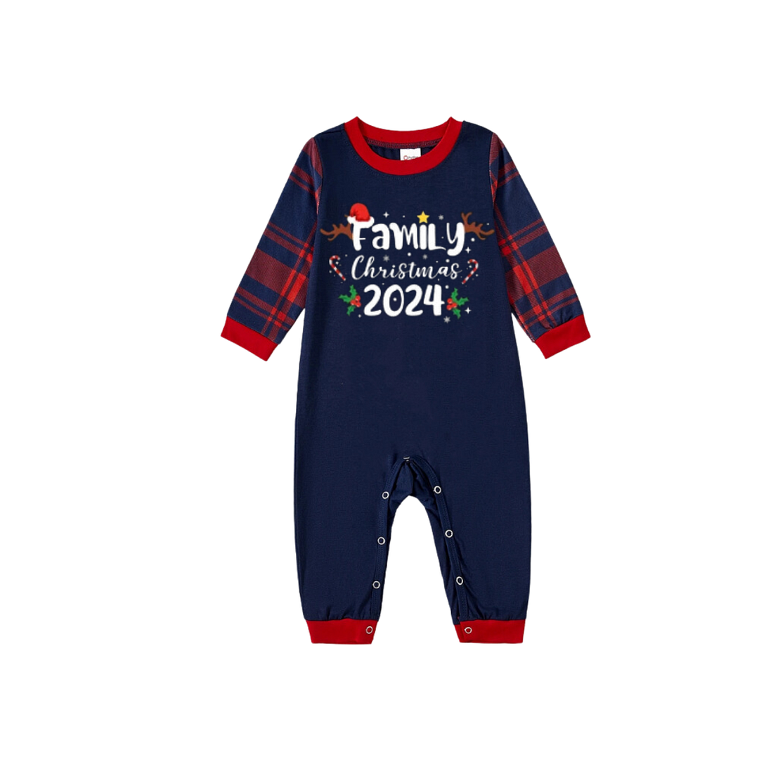 "Christmas 2024" Prints Blue Long Sleeves Top with Red and Blue Plaid Pants Christmas Matching Pajamas