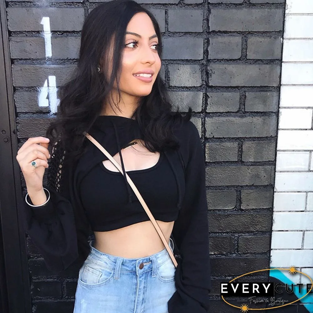 Women Long Sleeve Black Bustier Crop Top Mesh Harajuku Hiphop Loose Leopard Hoodie Sweatshirt Clubwear Tie Dye Top