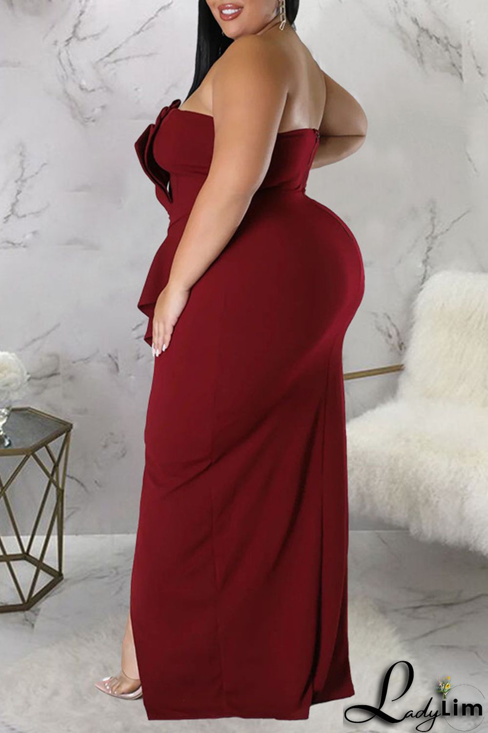 Burgundy Sexy Solid Patchwork Flounce Slit Asymmetrical Strapless Evening Dress Plus Size Dresses
