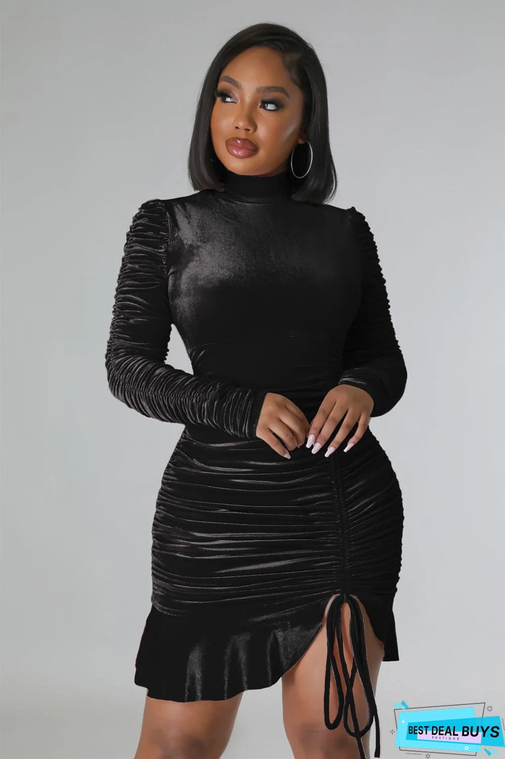 Velvet Long Sleeve Ruched Drawstring Mini Dress