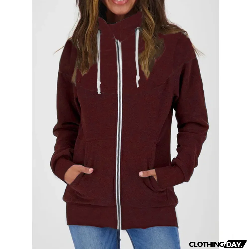 Fall Winter Women's Casual Long Sleeve Fleece Zip High Neck Sweatshirt