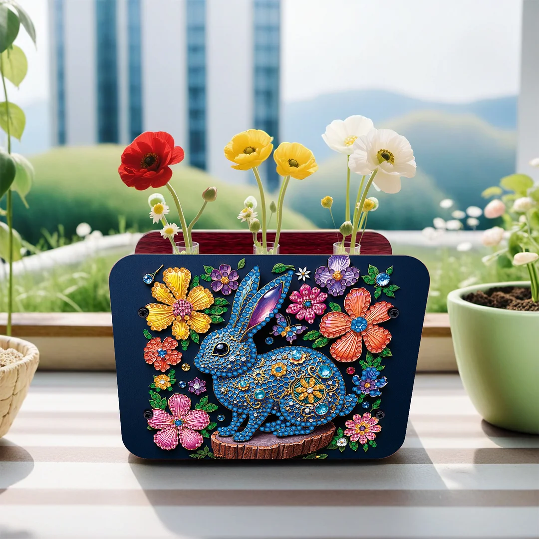 Gem Rabbit DIY Diamond Painting Wooden Tube Vase for Adults Gift Idea Home Decor