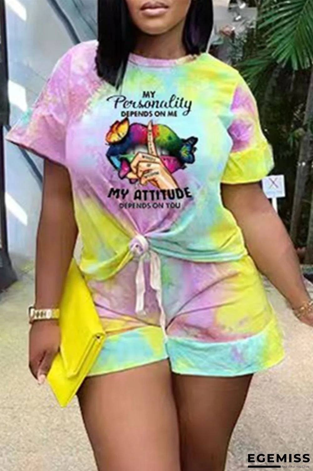 Colour Fashion Casual Print Tie-dye O Neck Short Sleeve Two Pieces | EGEMISS