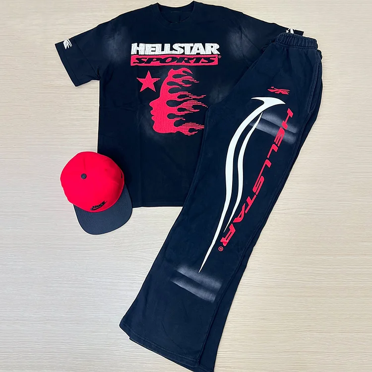 Vintage Personalized Hellstar Future World Print Short Sleeve Tee & Flared Trousers Two Piece Set