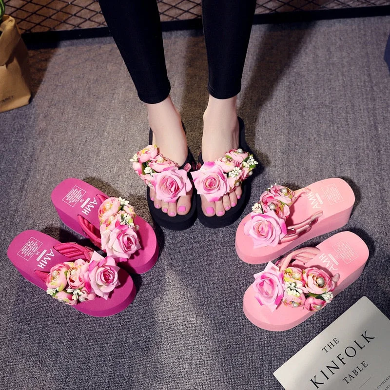 Slippers Women Handmade Slippers Summer Flip Flop Flowers Female High Heel Ladies Bohemia Beach Sandal Slippers Home Slippers