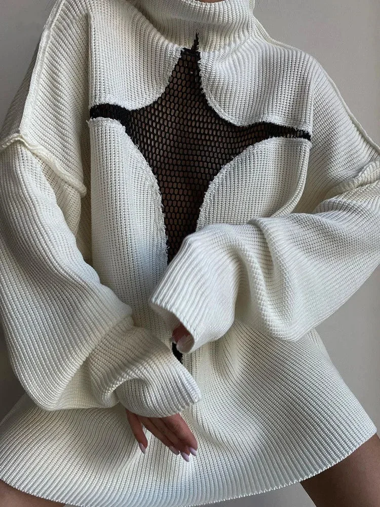 Nncharge Star Pattern Mesh See Through Sweater Women Long Sleeve Turtleneck Knit Sweatshirt Autumn Y2K Aesthetic Loose Tops Knitwear