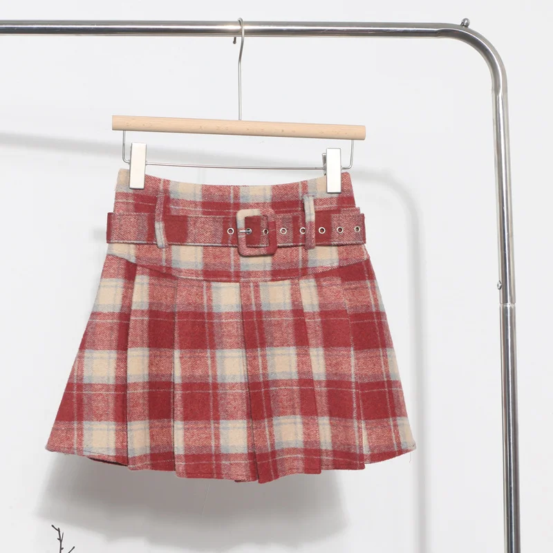Brownm S-2XL With Belt ~ Lattice Hair Of The Hundred Folded Skirt High Waist Anti-Light Small A-Word Skirt 8382
