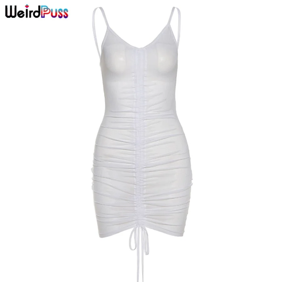 Weird Puss See Through Mesh Dress Women Shirring Ruched Sleeveless Skinny Summer V-Neck Fashion Stretchy Slim Bodycon Clubwear