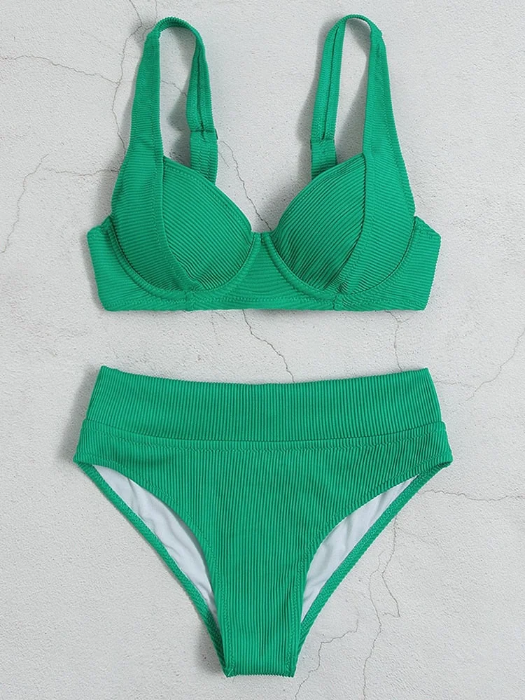 INGAGA Sexy Push Up Bikini Set High Waist Women's Swimsuits 2022 New Ribbed Swimwear Women High Cut Biquini Green Bathing Suit