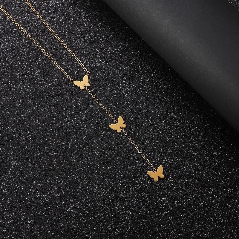 Titanium Steel Gold Plated Minimalist Cross Heart Shape Butterfly Pendant Necklace