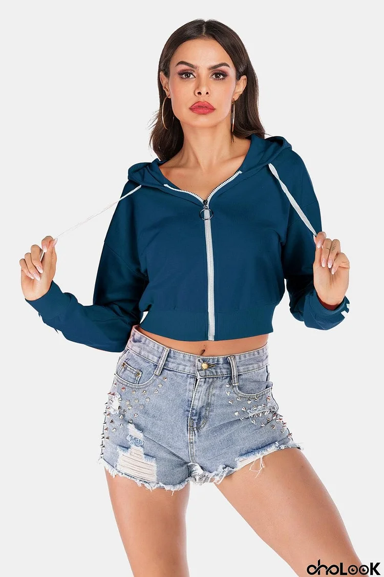 Side Stripe Drawstring Cropped Hooded Jacket