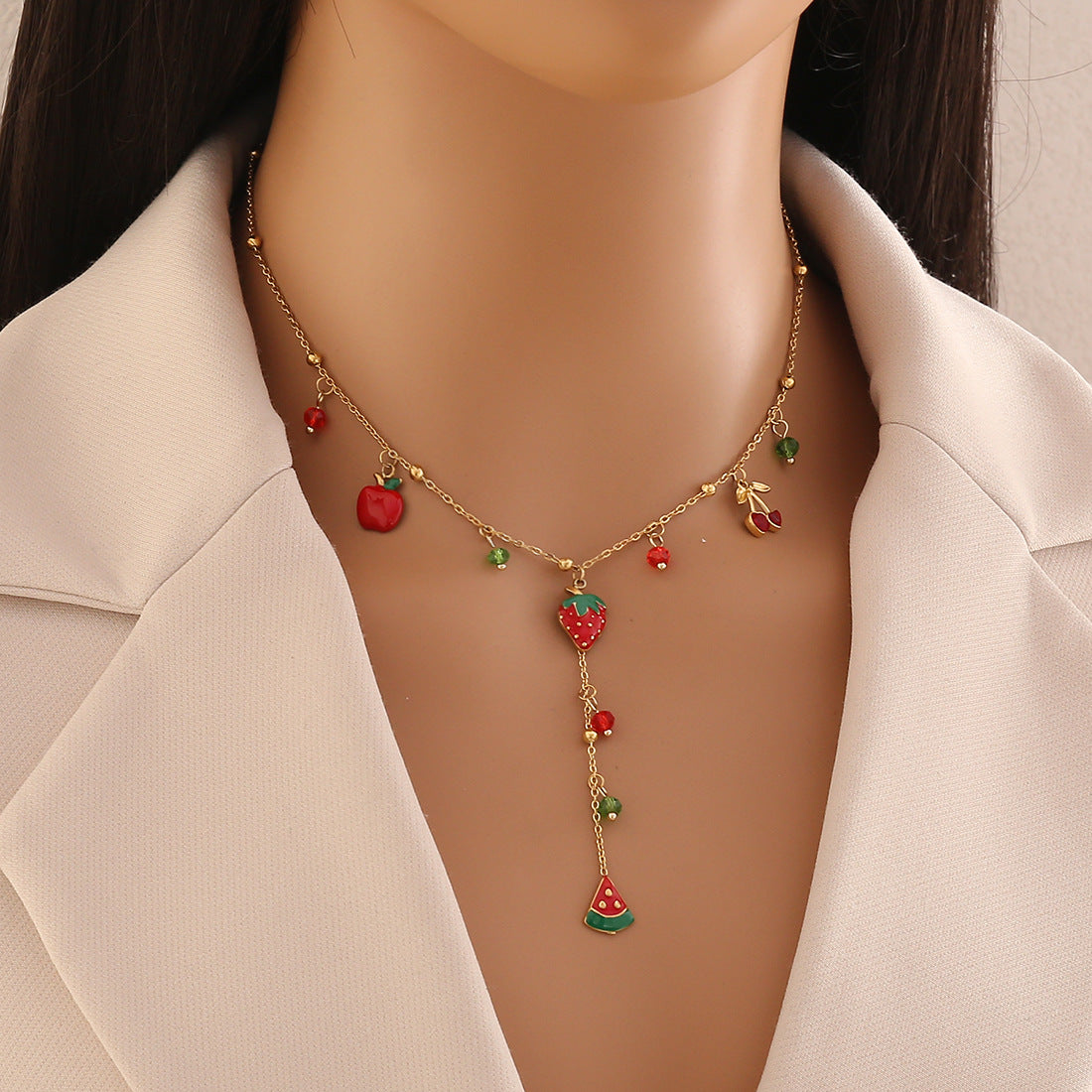 Cute Cherry Necklace Fashion Crystal Love Y-Shaped Necklace Star Moon Clavicle Chain N1563