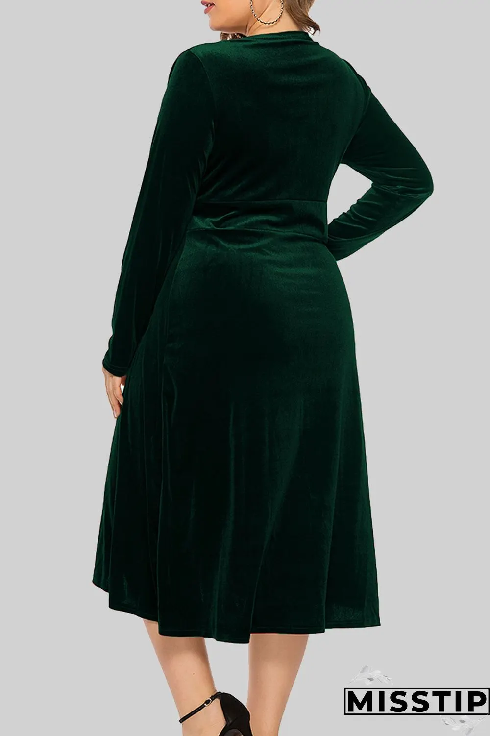 Burgundy Casual Solid Patchwork V Neck Long Sleeve Plus Size Dresses